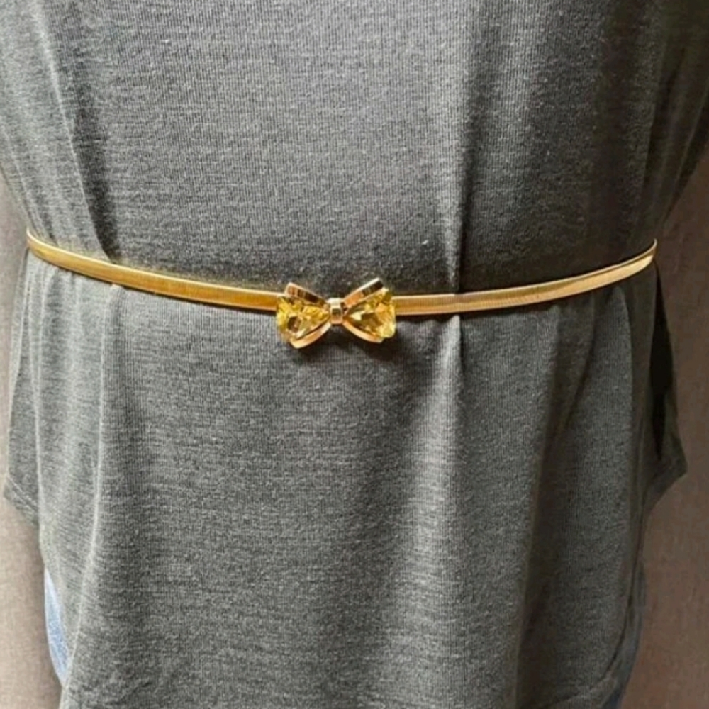 Metallic stretch Gold belt bow buckle waist cinch elegant evening dress - Picture 9 of 10